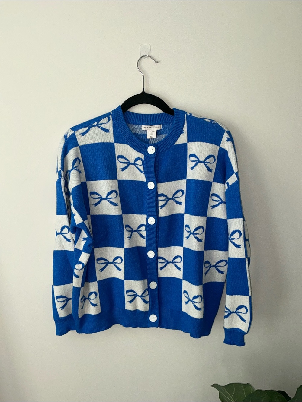 Sincerly Jules Blue and White Checkerboard Bow Cardigan